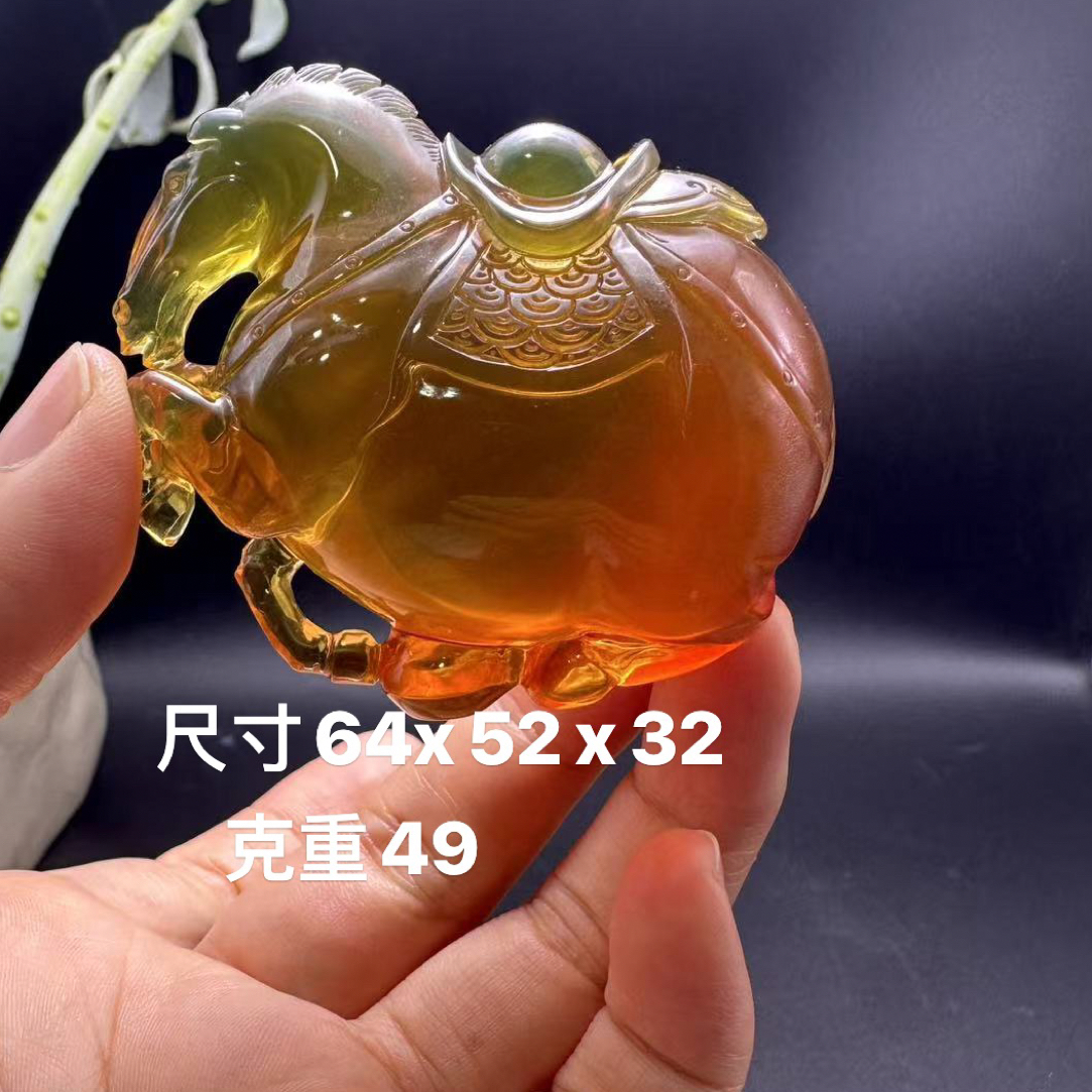 缅甸天然琥珀大师工雕刻件果冻料唐马茶宠手把