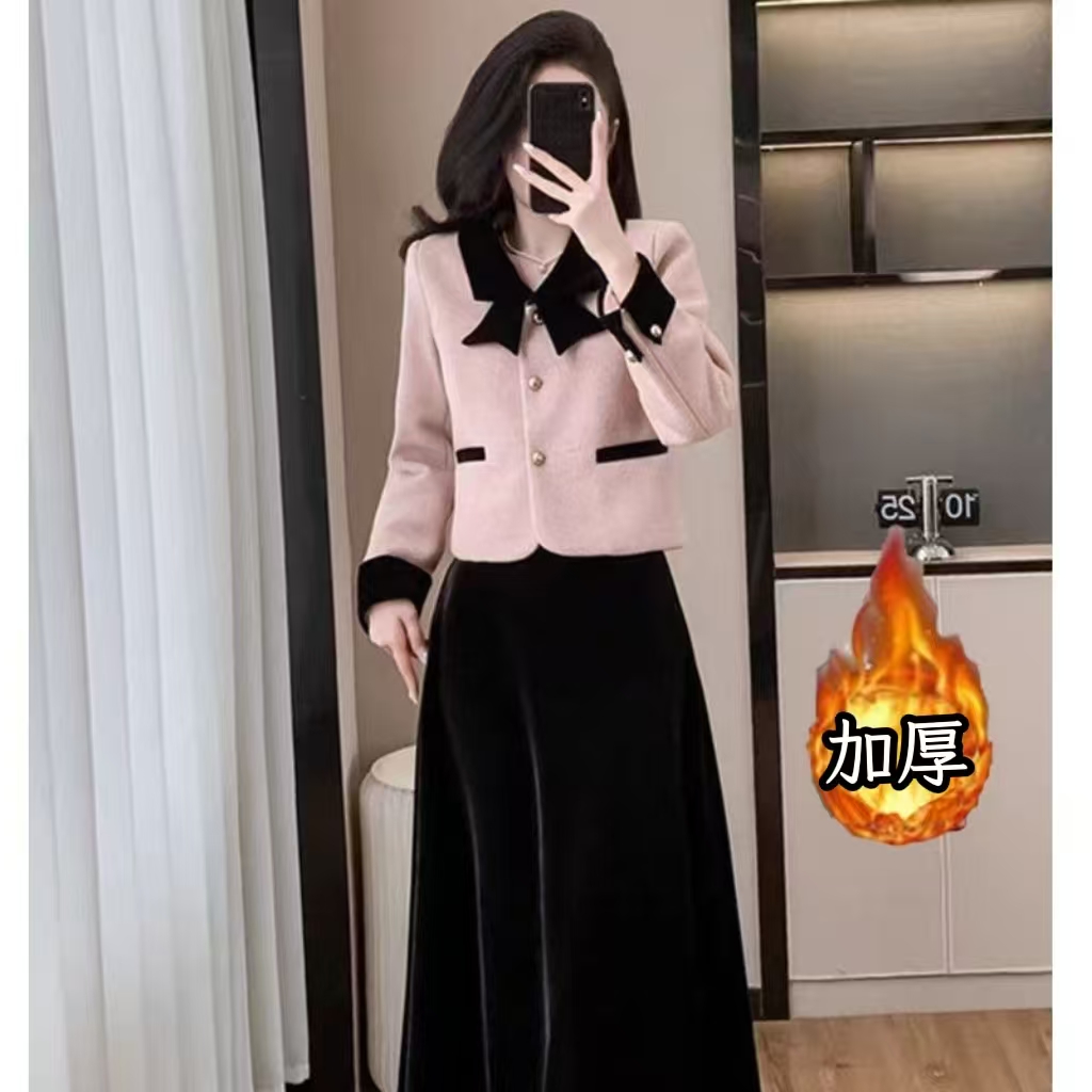 大码套装蝴蝶结小香风套装秋冬新款高端气质外套半身裙两件套1666