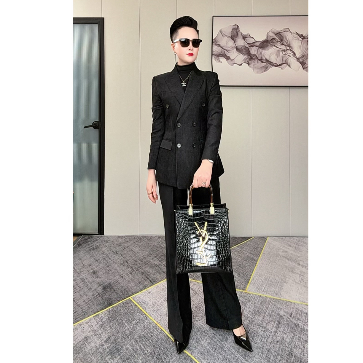 【白衣哥】碳黑色双排扣修身西装套装通勤职业装