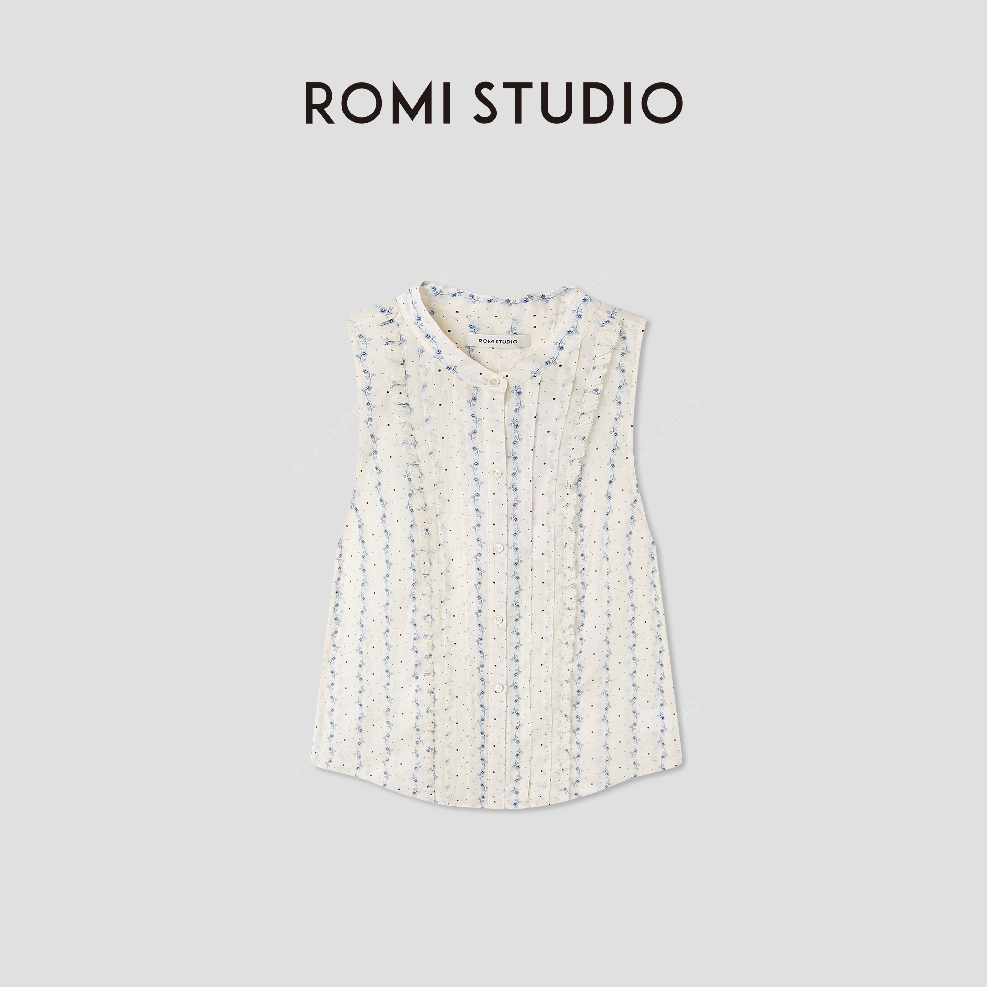 ROMI STUDIO“美式复古”花卉立领印花轻薄无袖衬衣背心 RWCRSY3832