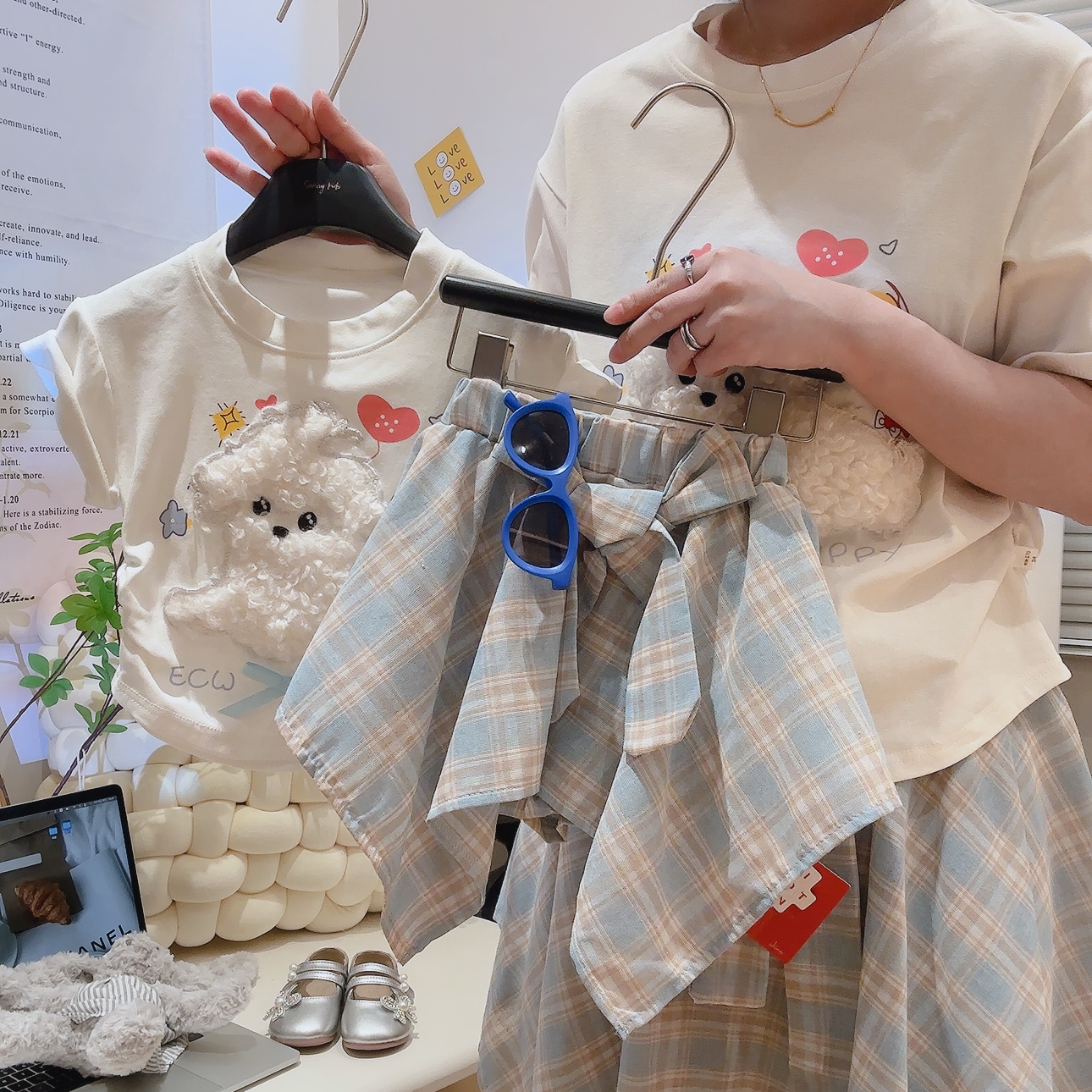 【泡泡格子】2025新款夏装女童格子裙亲子装立体可爱小狗套装
