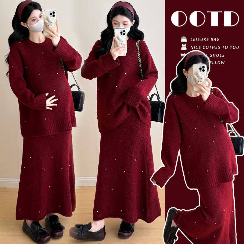 孕妇装2025秋冬新款红色加厚气质宽松毛衣+大裙摆半身裙两件套