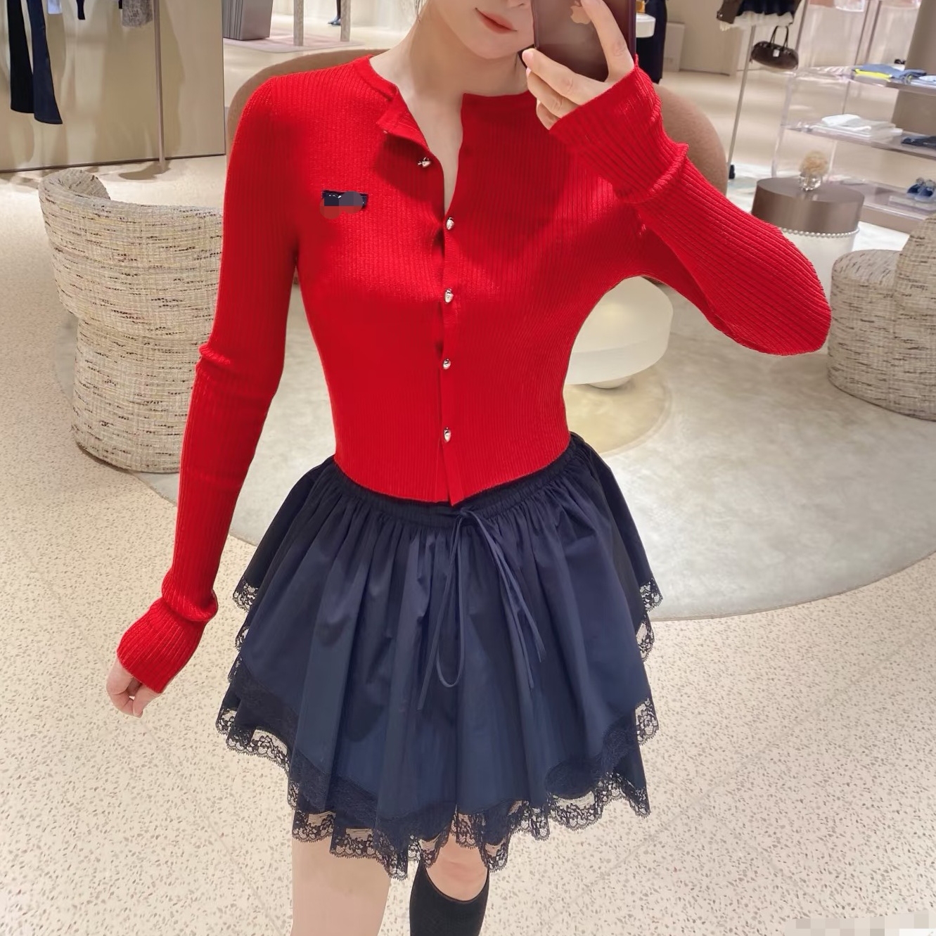 SZSALI 定制新年红甜美针织开衫减龄秋冬蕾丝蓬蓬半身短裙套装