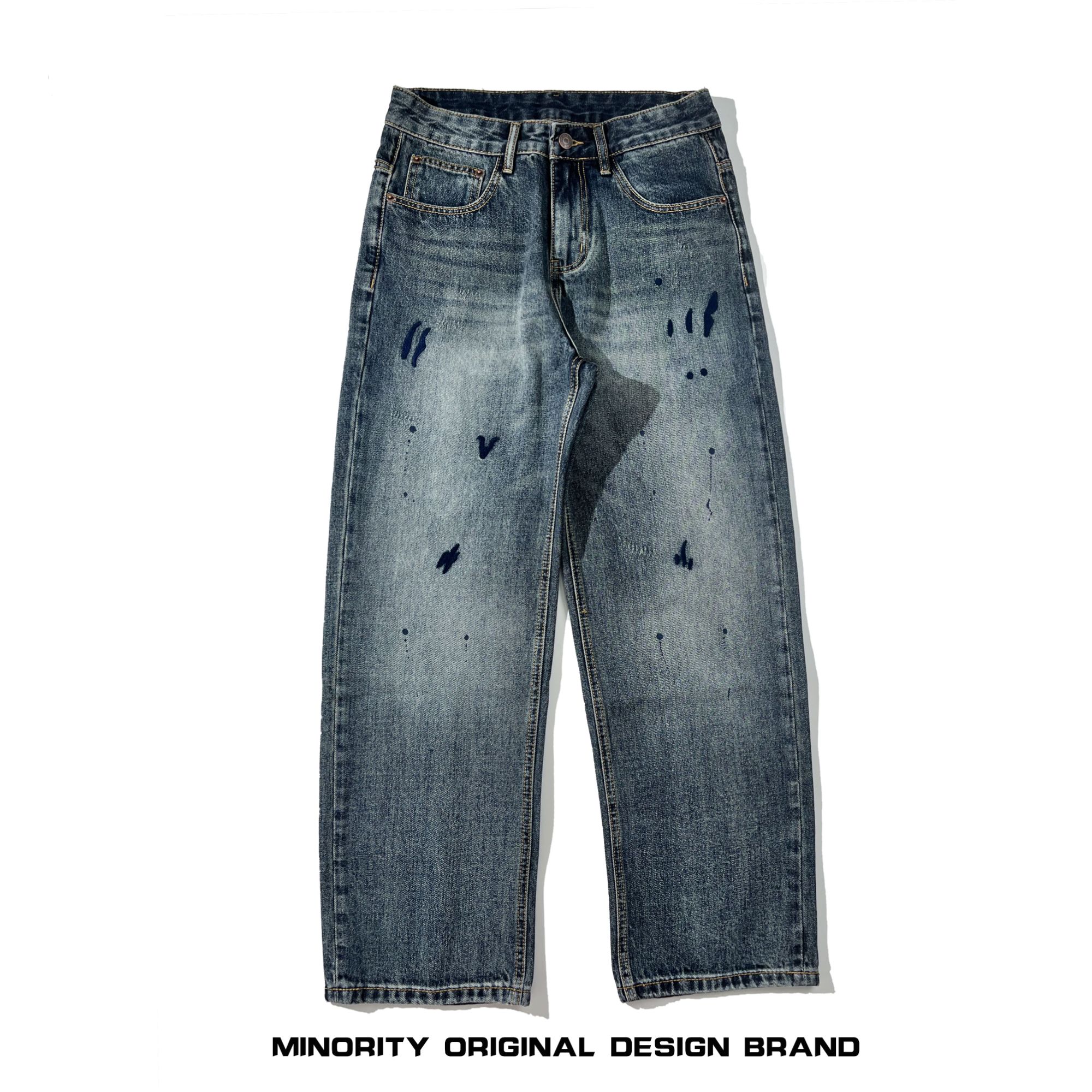 美式高街立体刺绣漆点牛仔裤男宽松直筒潮牌休闲泼漆廓形阔腿长裤