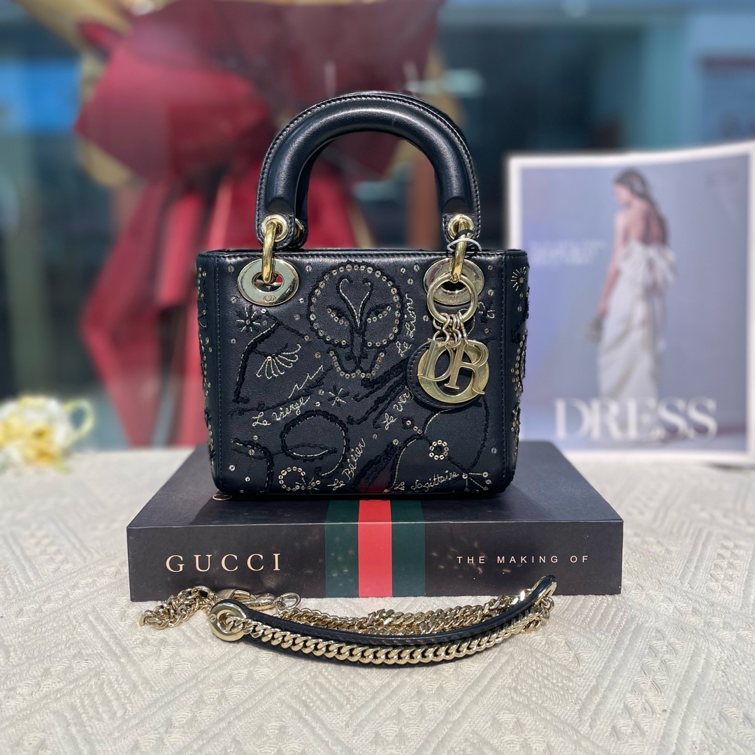 95新 DIOR/迪奥 黑色三格戴妃亮片限量款单肩包16143672