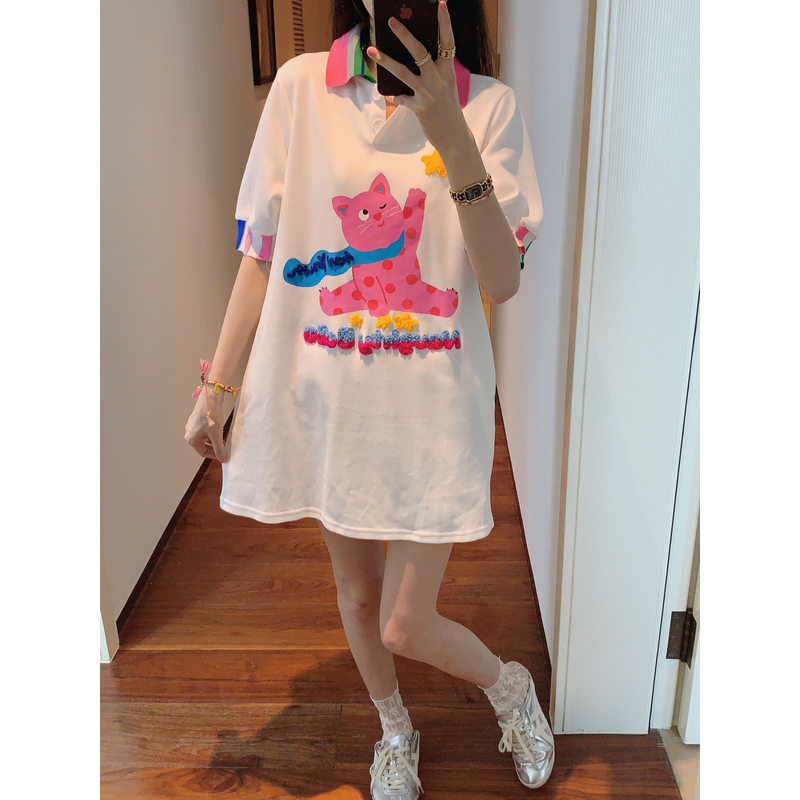 【张静芝】彩色polo小翻领洋气卡通猫咪字母印花连衣裙