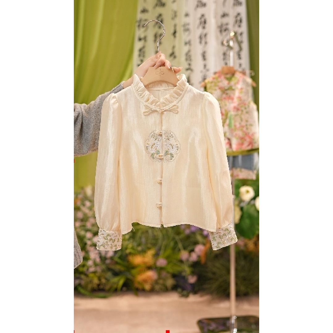 C109春季盘扣上衣童装打底衫长袖白色洋气重工女童打底衫