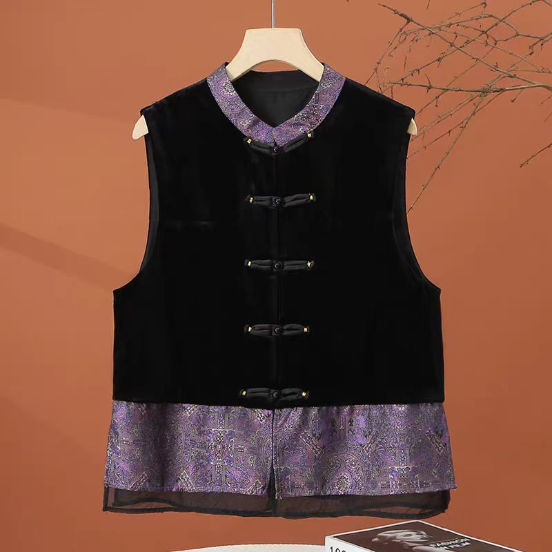 新中式马甲外套女2025秋新款坎肩假两件刺绣拼接金丝绒盘扣上衣