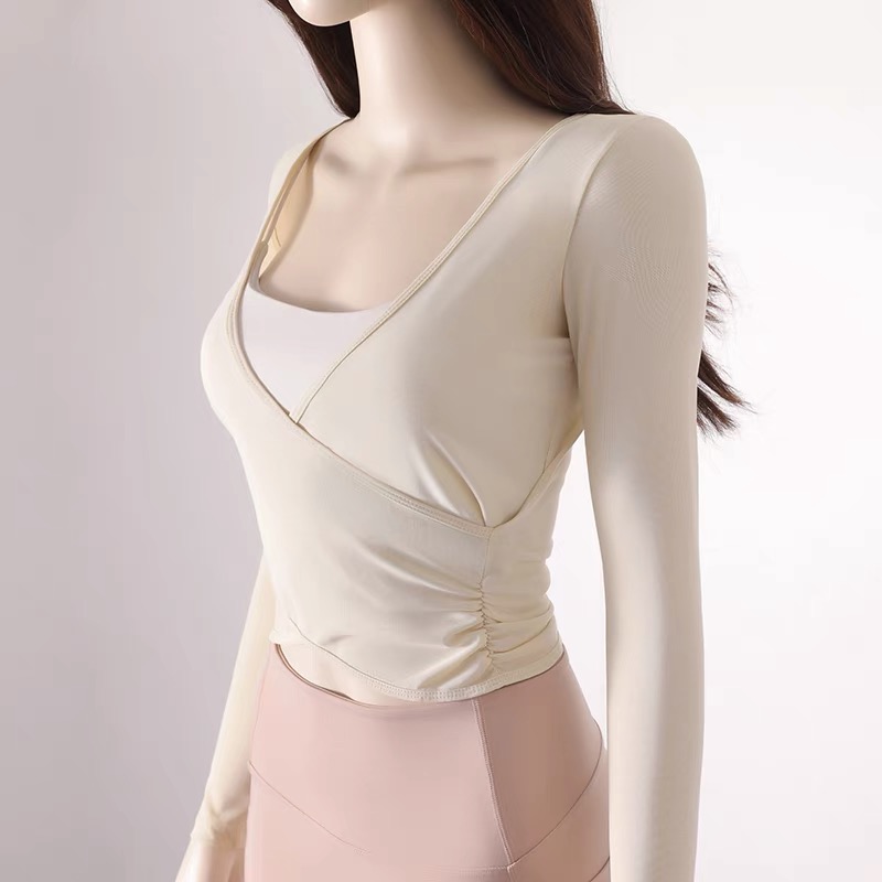 秋冬交叉褶皱长袖瑜伽t恤女裸感修身运动健身上衣速干瑜伽服罩衫