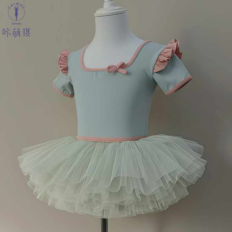 25104儿童舞蹈服公主风甜美方领短袖体服+纱裙套装