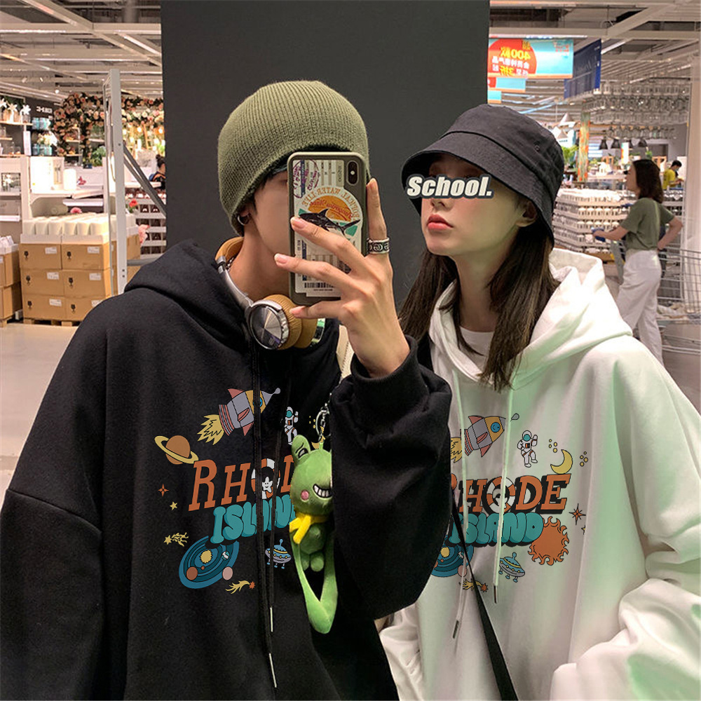 印花加绒加厚学生卫衣女秋冬季新品宽松ins慵懒情侣班服连帽卫衣