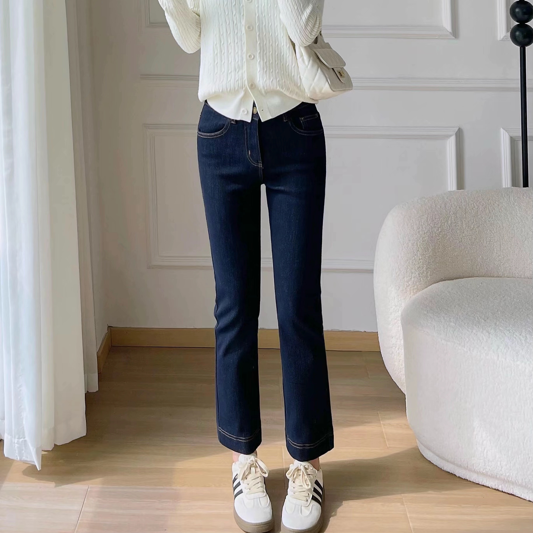 直筒牛仔裤女加绒加厚九分2025年秋冬新款高腰修身显瘦小个子烟管