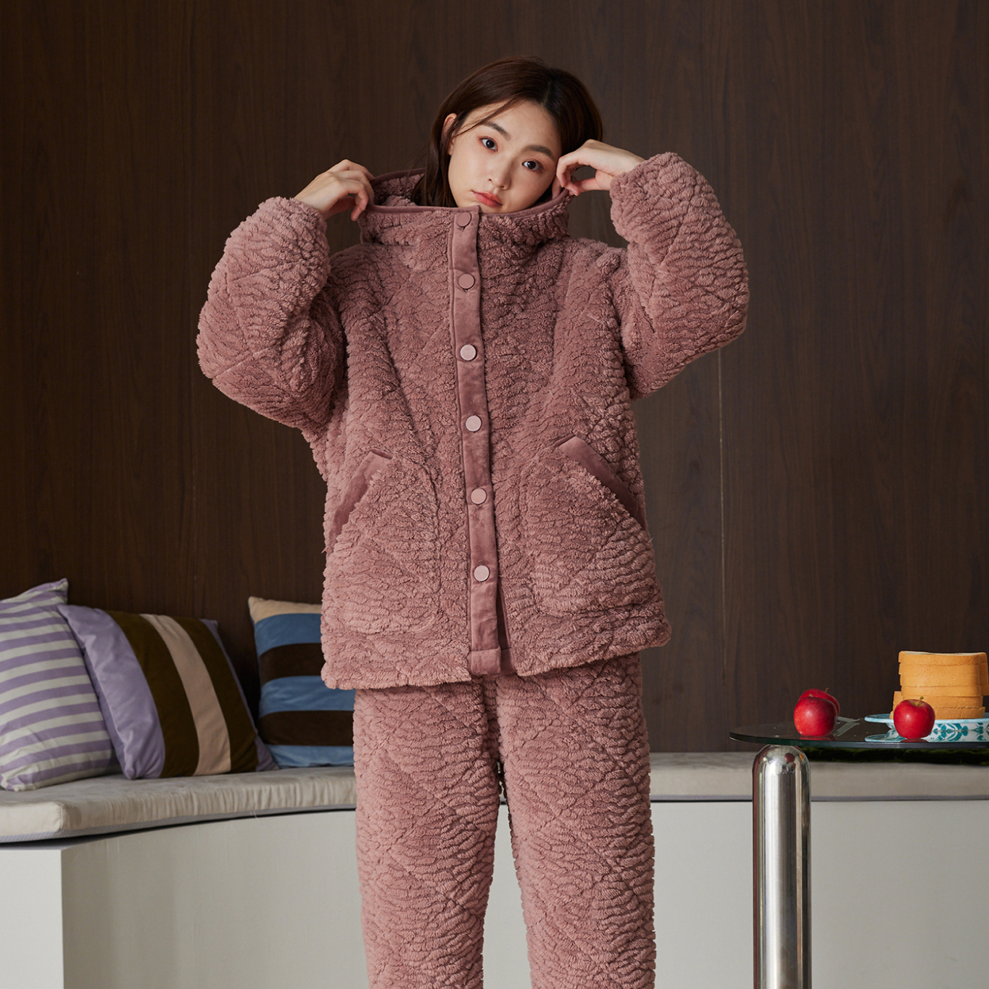 芬腾新款女士三层夹棉冬季睡衣加绒加厚保暖长袖长裤家居服套装