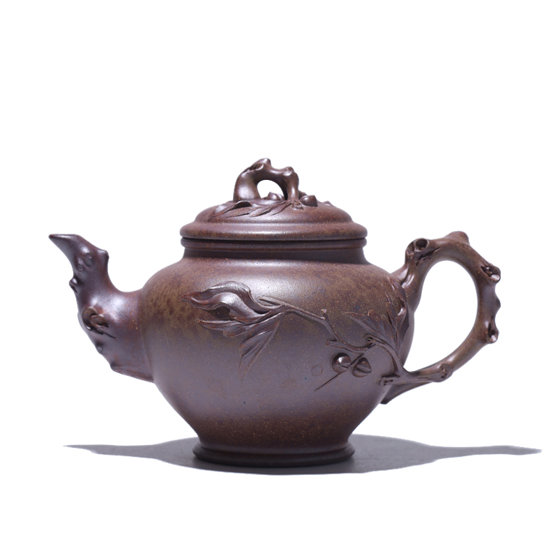 大吉羊柴烧 宜兴紫砂壶手工制茶壶 本山绿泥寿桃报春240ml李孟华