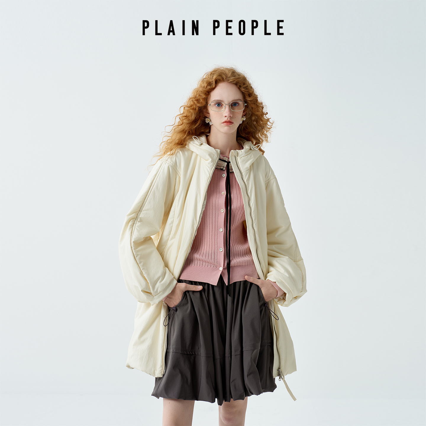 PLAIN PEOPLE复古连帽中长款廓形灯笼袖外套棉衣棉服女紫色2025冬