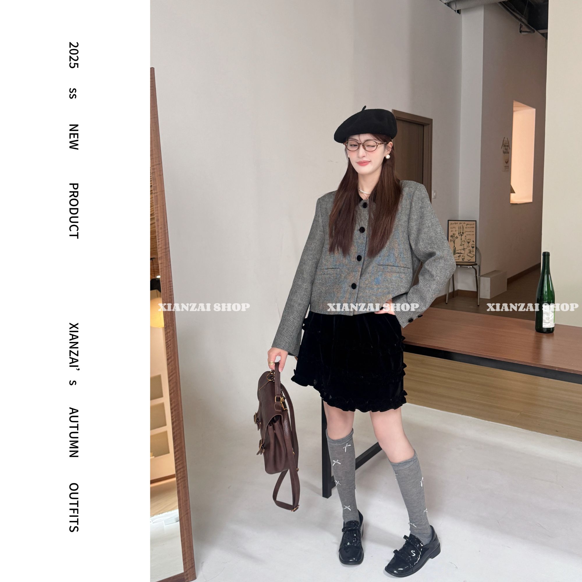 XIANZAI【赫本】秋季新款法式羊毛丝绒拼接外套木耳边短裙两件套装