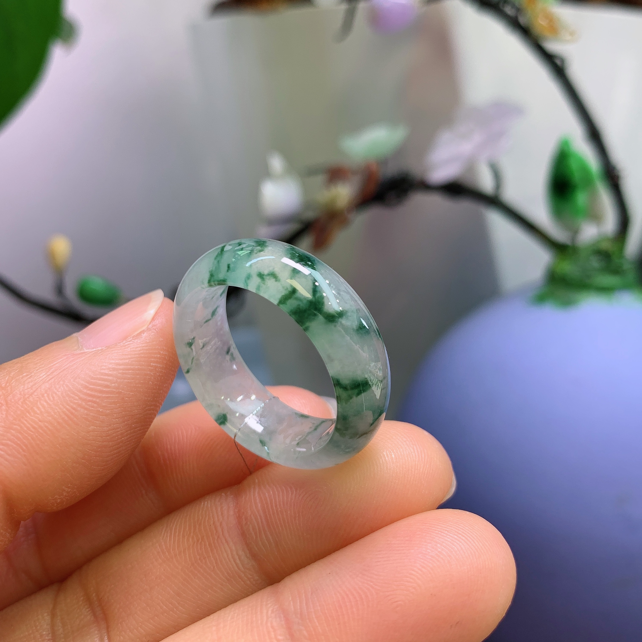 21-22圈口缅甸天然翡翠A货宽版冰润飘花戒指A470#