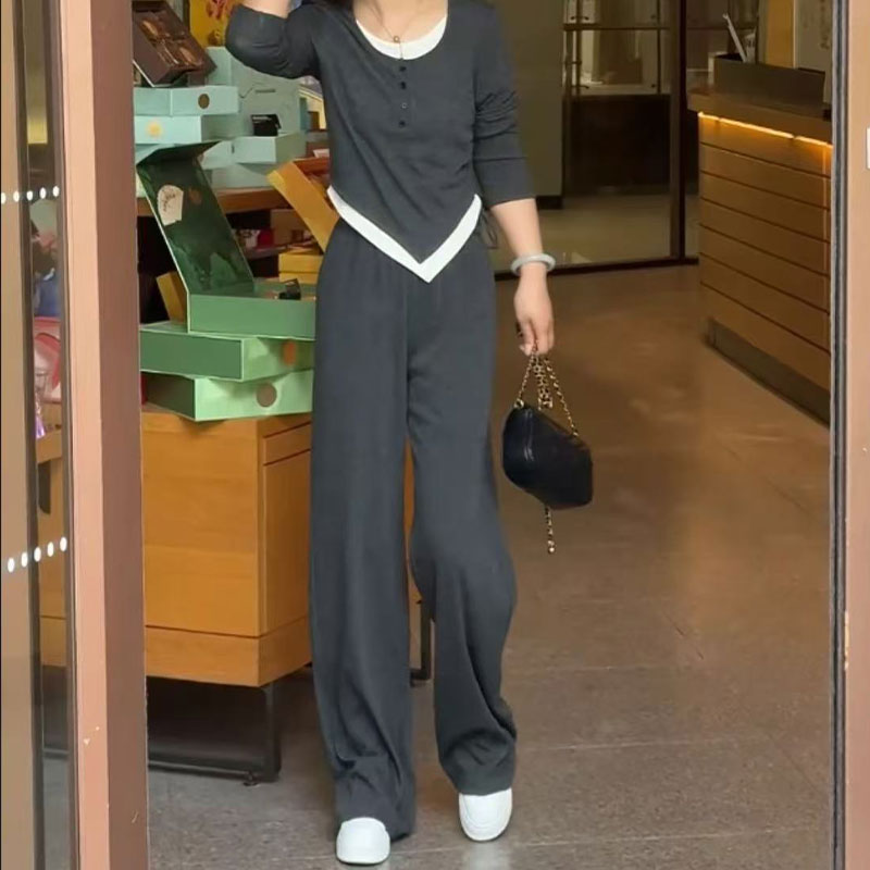 运动套装女2025新款抽绳假两件宽松显瘦休闲简约气质两件套