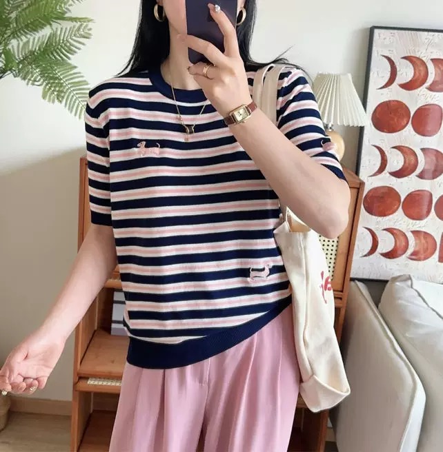 【藏青条纹小狗刺绣短袖】冰丝冰爽透气刺绣条纹时尚针织衫
