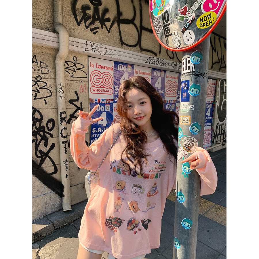 张贝贝 奇幻乐园 仿麻竹节 趣味狗狗印花长袖tee