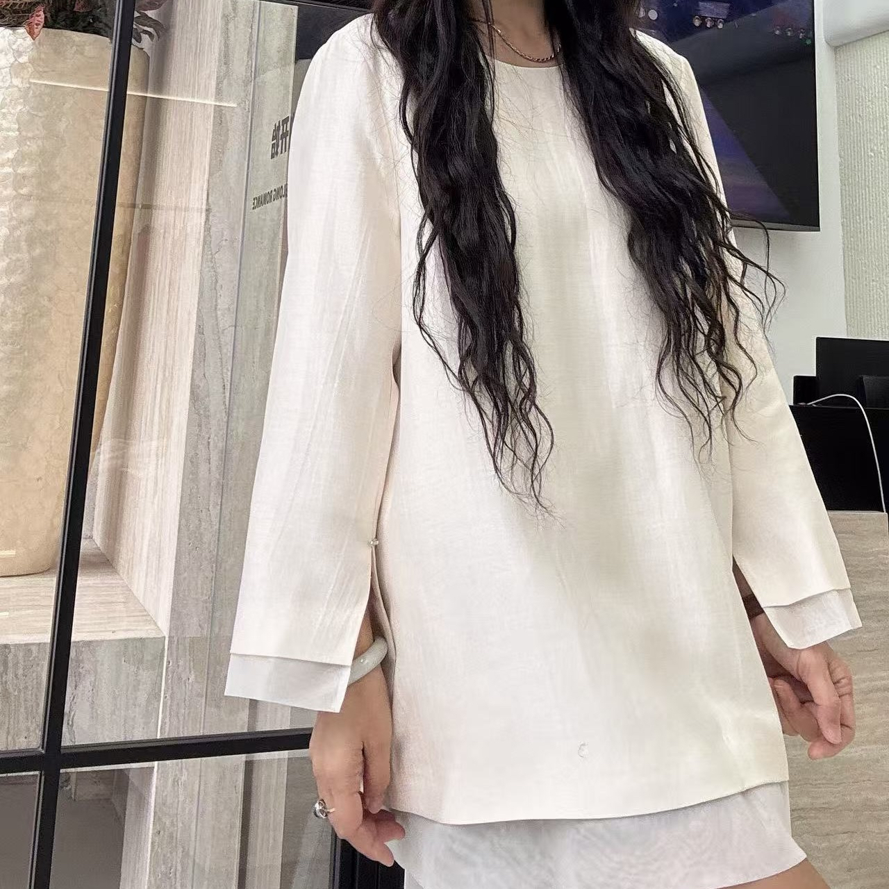 【周周家】长袖圆领纯色时尚假两件丝毛上衣衬衫百搭内搭