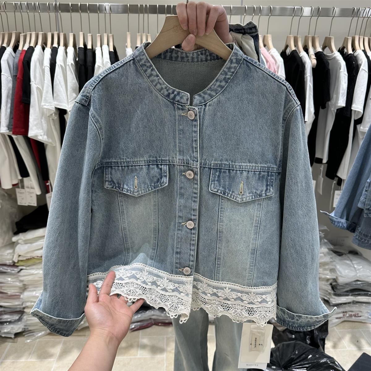 韩系蕾丝花边拼接做旧牛仔外套女2025春季新款圆领休闲短款上衣潮