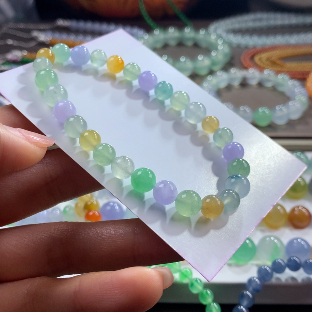 翡翠未镶嵌手链！闭眼拍！冰透浓色多巴胺多宝卡6-7.6