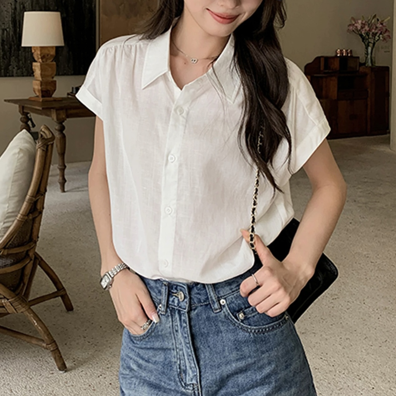 【现货】夏季新款休闲百搭纯色时尚翻领拼接衬衫-8503