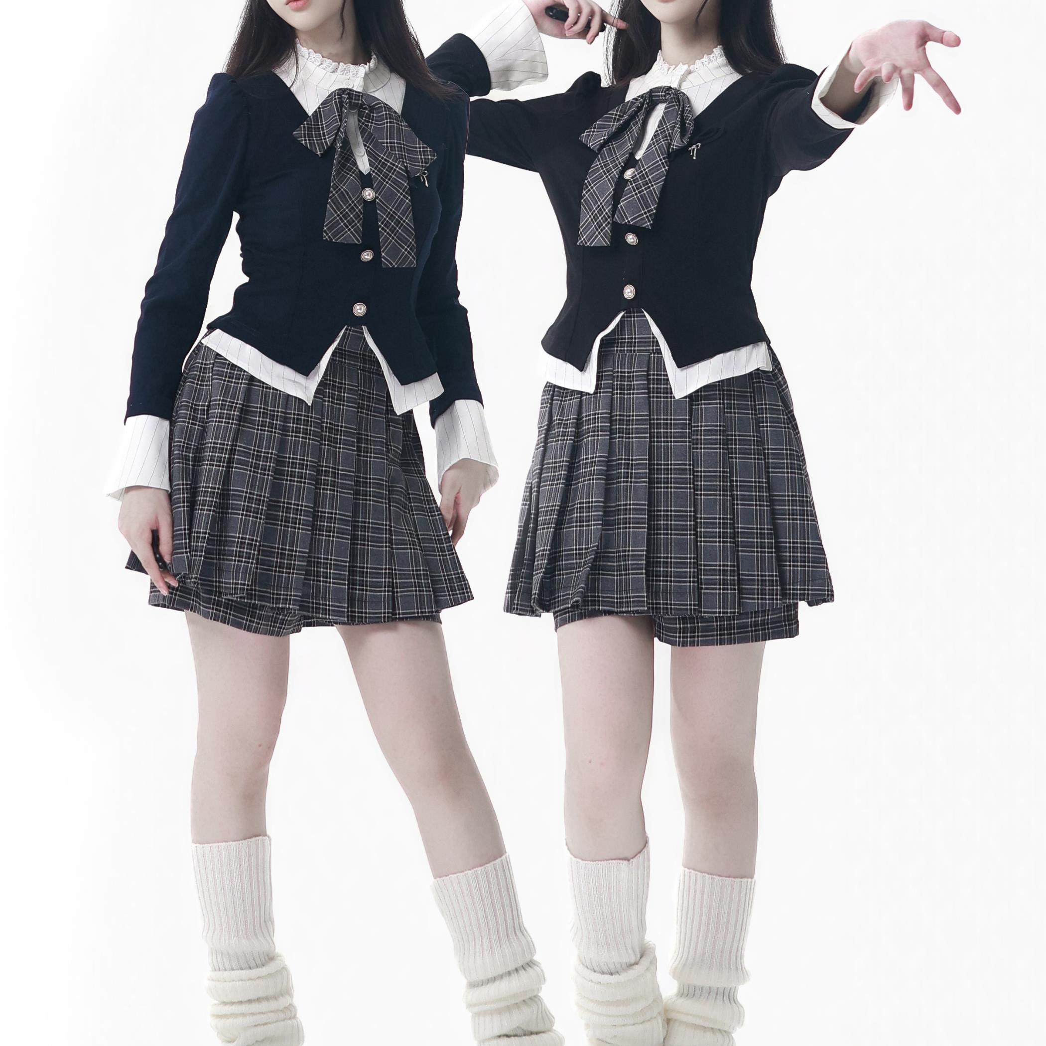 PINKSAVIOR【晚星熠熠】学院修身假两件拼接衬衫收腰裙裤显瘦