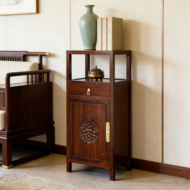 新中式角柜榆木客厅小立柜单门储物柜全实木复古置物架雕花边柜