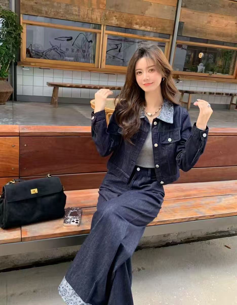 拼色极简洋气减龄牛仔外套+高腰阔腿裤女2025秋季新款潮流两件套