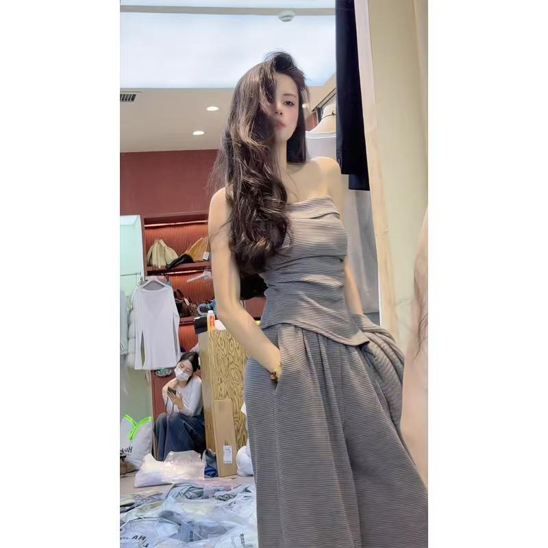 2025夏季新款灰色小众气质条纹显瘦抹胸上衣女时尚高腰垂感阔腿裤