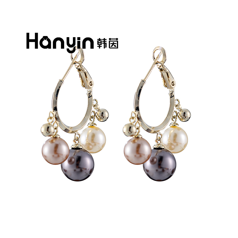 铜合金仿珍珠耳饰 925银针韩国进口灵动三色珠珠铃铛优雅百搭耳扣