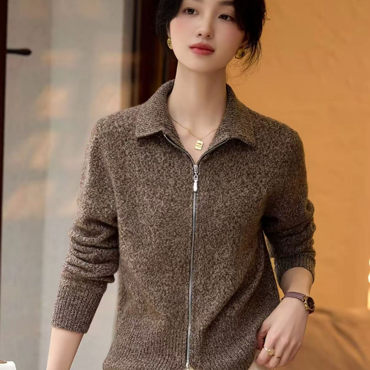 秋冬新款复古质感纯羊毛拉链开衫毛衣7420