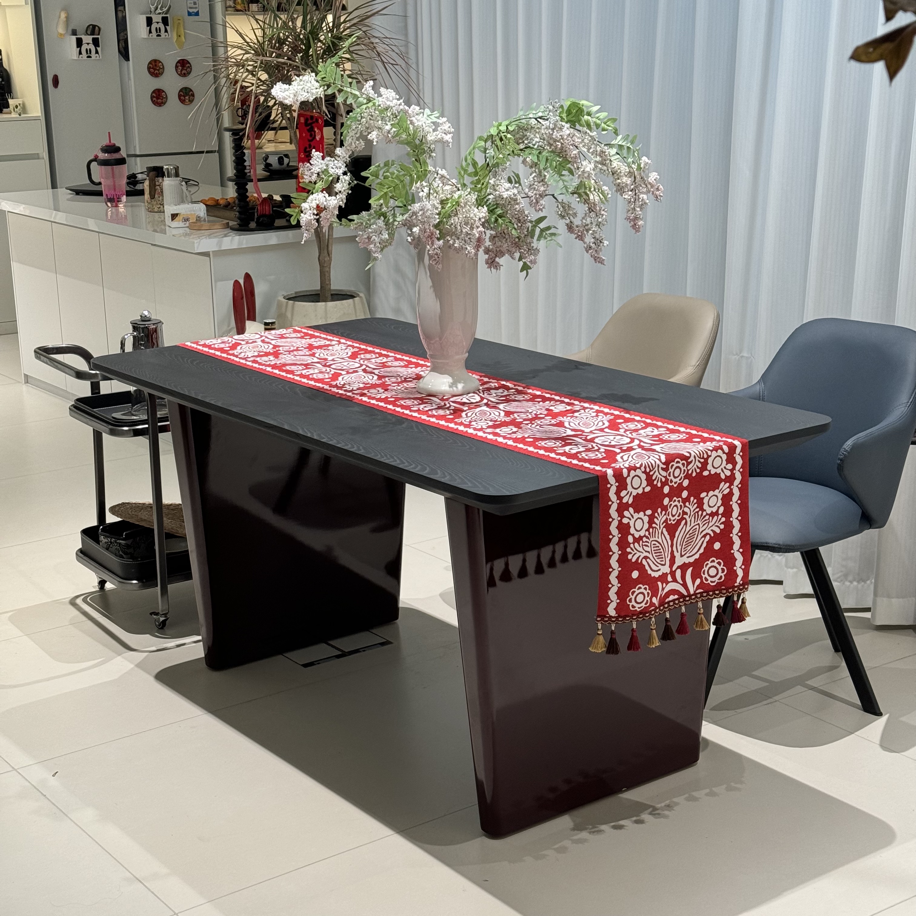 【柚苏】E1050中古风家用客厅长方形餐桌黑色意式实木餐桌吃饭桌