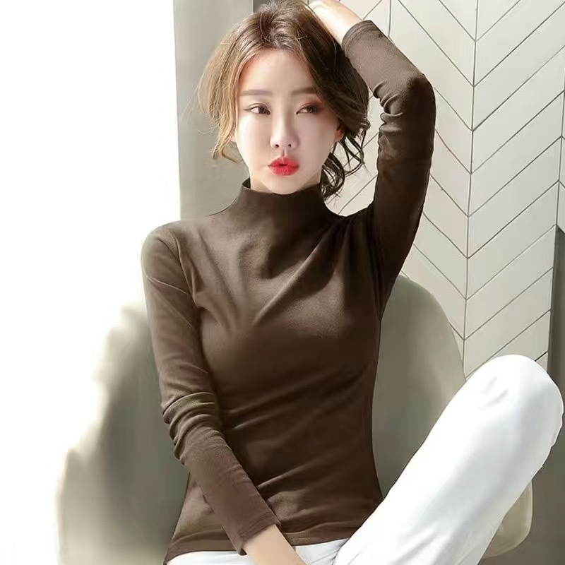 加绒双面德绒半高领保暖内搭上衣秋冬款长袖体恤打底衫