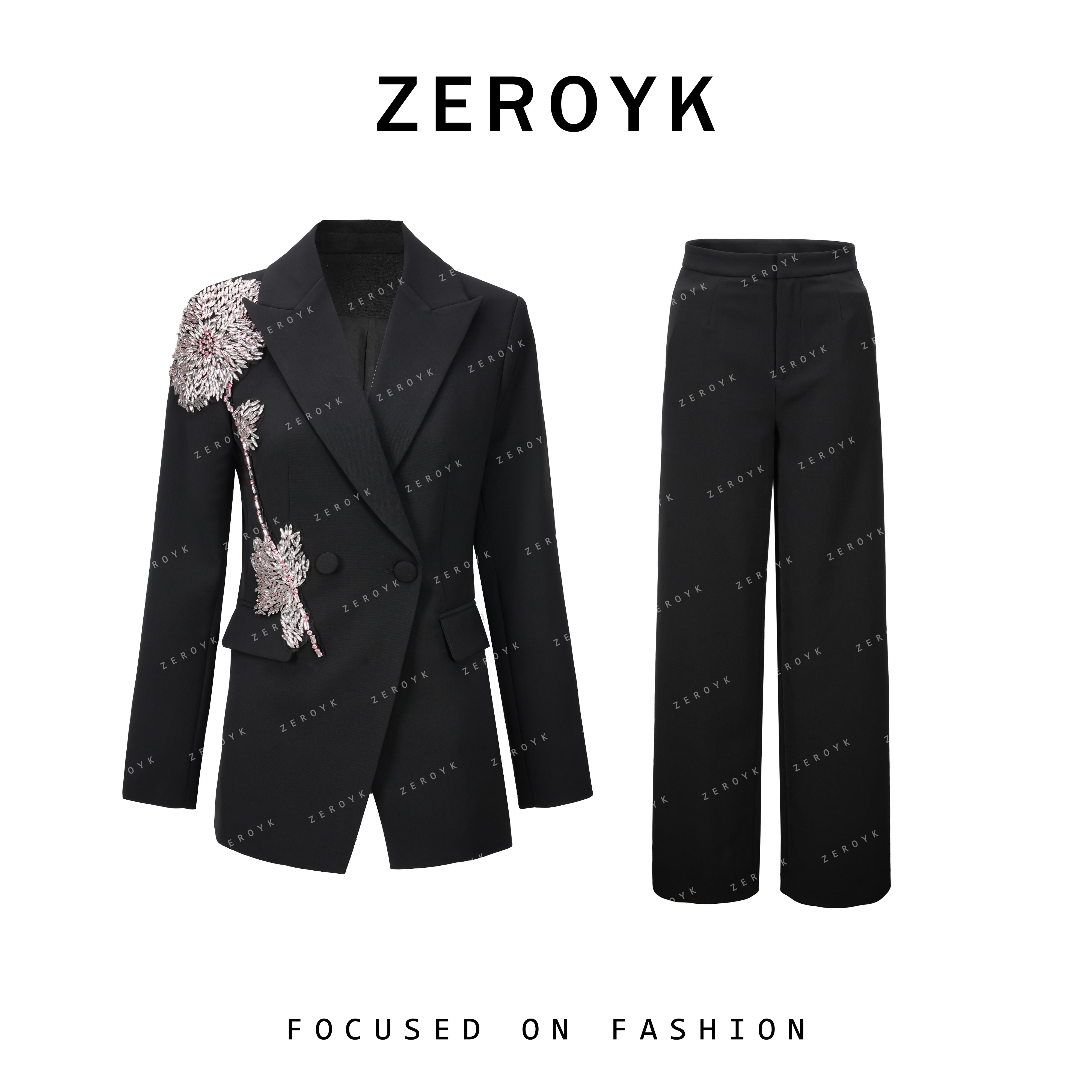 ZEROYK翎蔻 重工钉珠设计感气质时尚早春高端西装年会裤装两件套