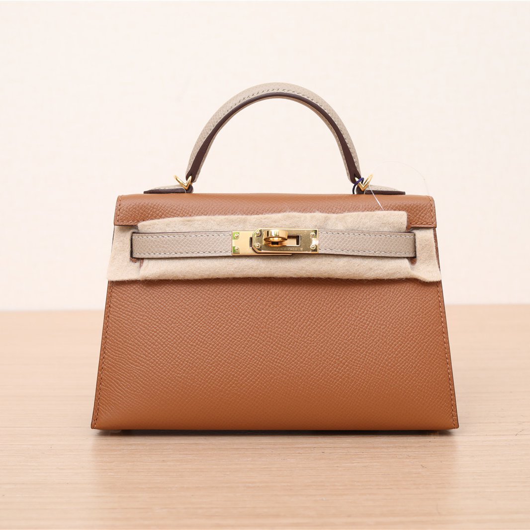 99新 Hermes/爱马仕 小花6枫Kelly 二代 风衣灰拼金棕 E皮 Z刻包