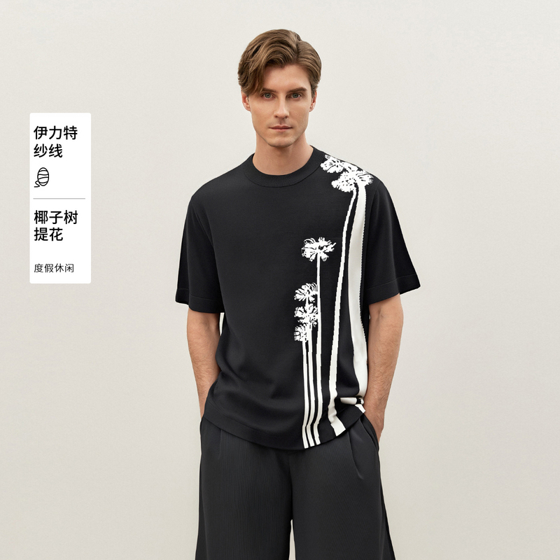MM麦檬男装24夏圆领印花短袖亲肤舒适黑色短袖T恤9F3200271