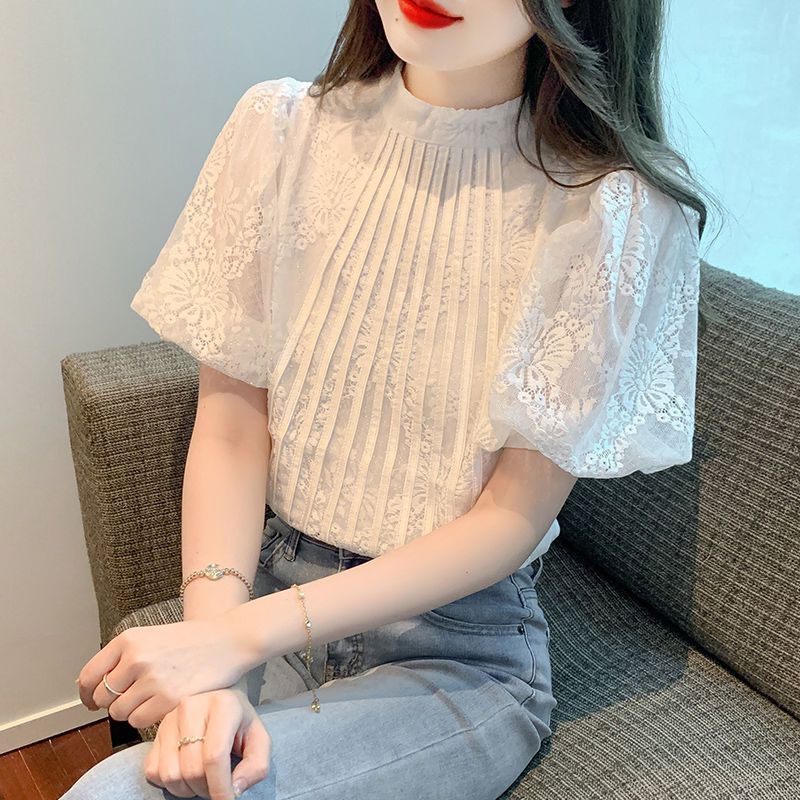 衬衫女2025夏季新款韩版百搭灯笼袖蕾丝衫时尚减龄气质显瘦上衣