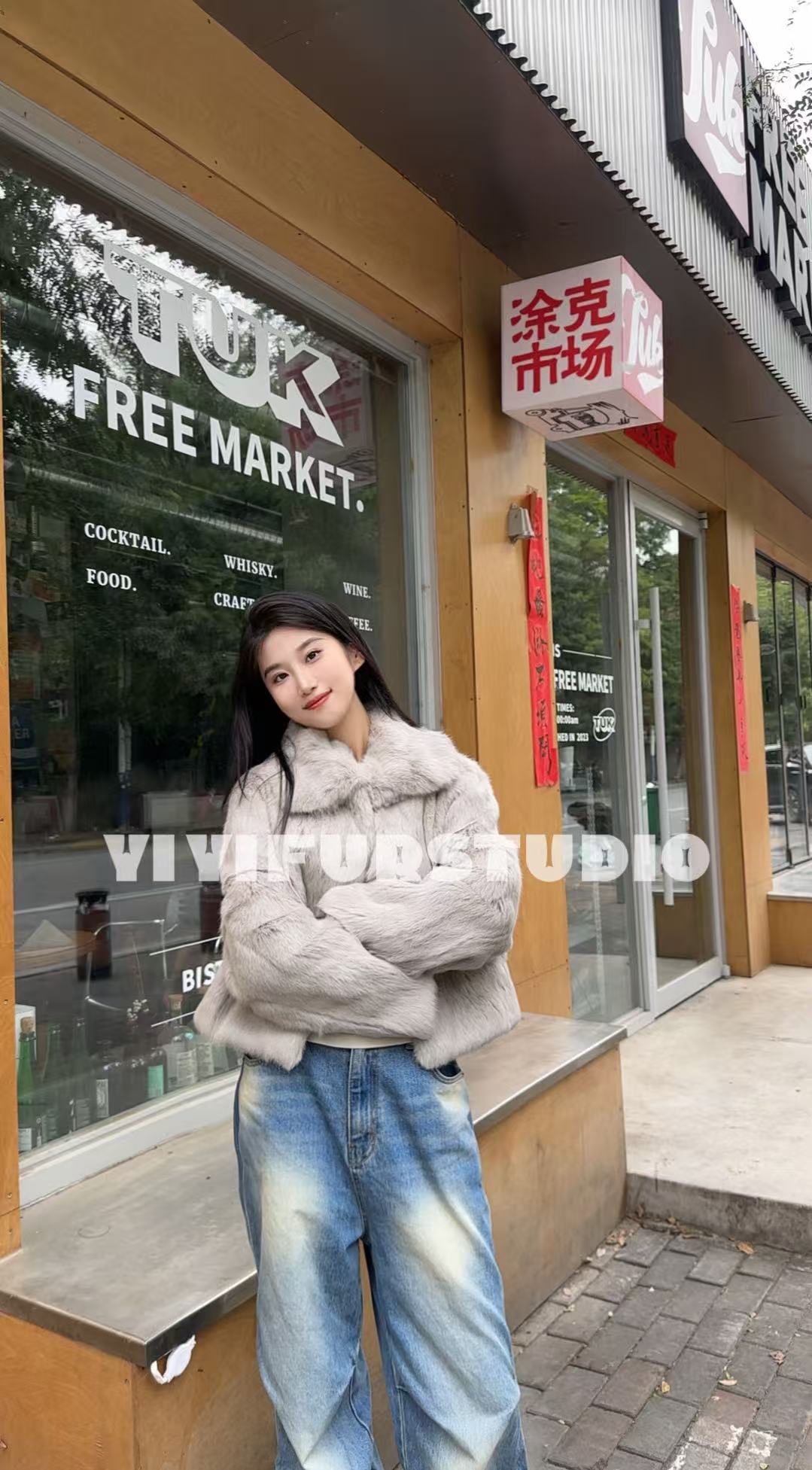 YiYi推荐冬季立翻领新款慵懒风兔毛女士短外套