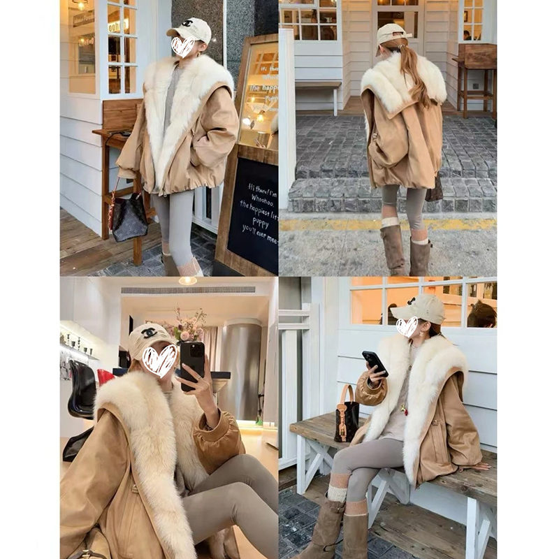 加大加宽半背定染毛绒拼接长袖派克服女冬季新款保暖外套