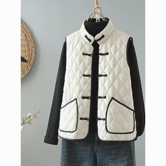 D25 121203 中式盘扣菱格夹棉马甲女复古立领穿加棉保暖外套