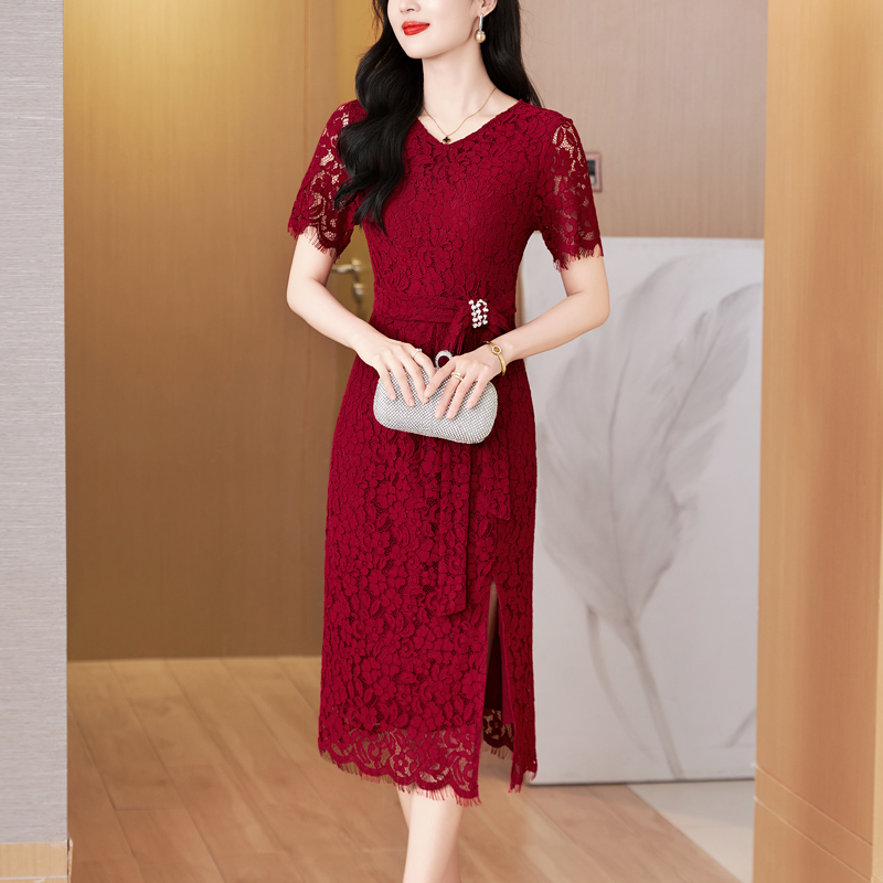 喜婆婆婚宴装2025新款女装高端轻奢高级感红色蕾丝礼服连衣裙夏季