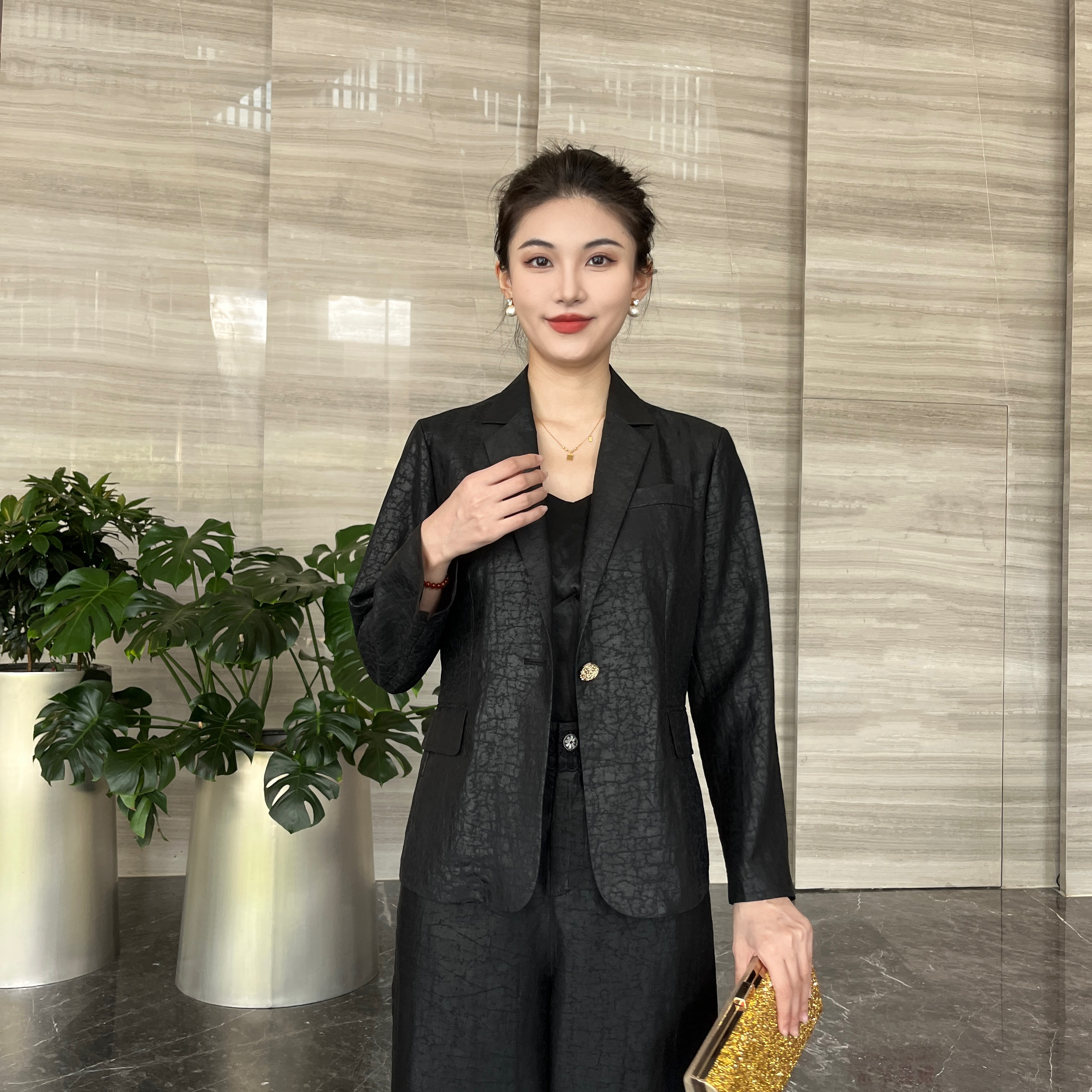 FSSIA暄和｜非遗香云纱龟纹春秋百搭长袖一粒扣西装外套MS-5189