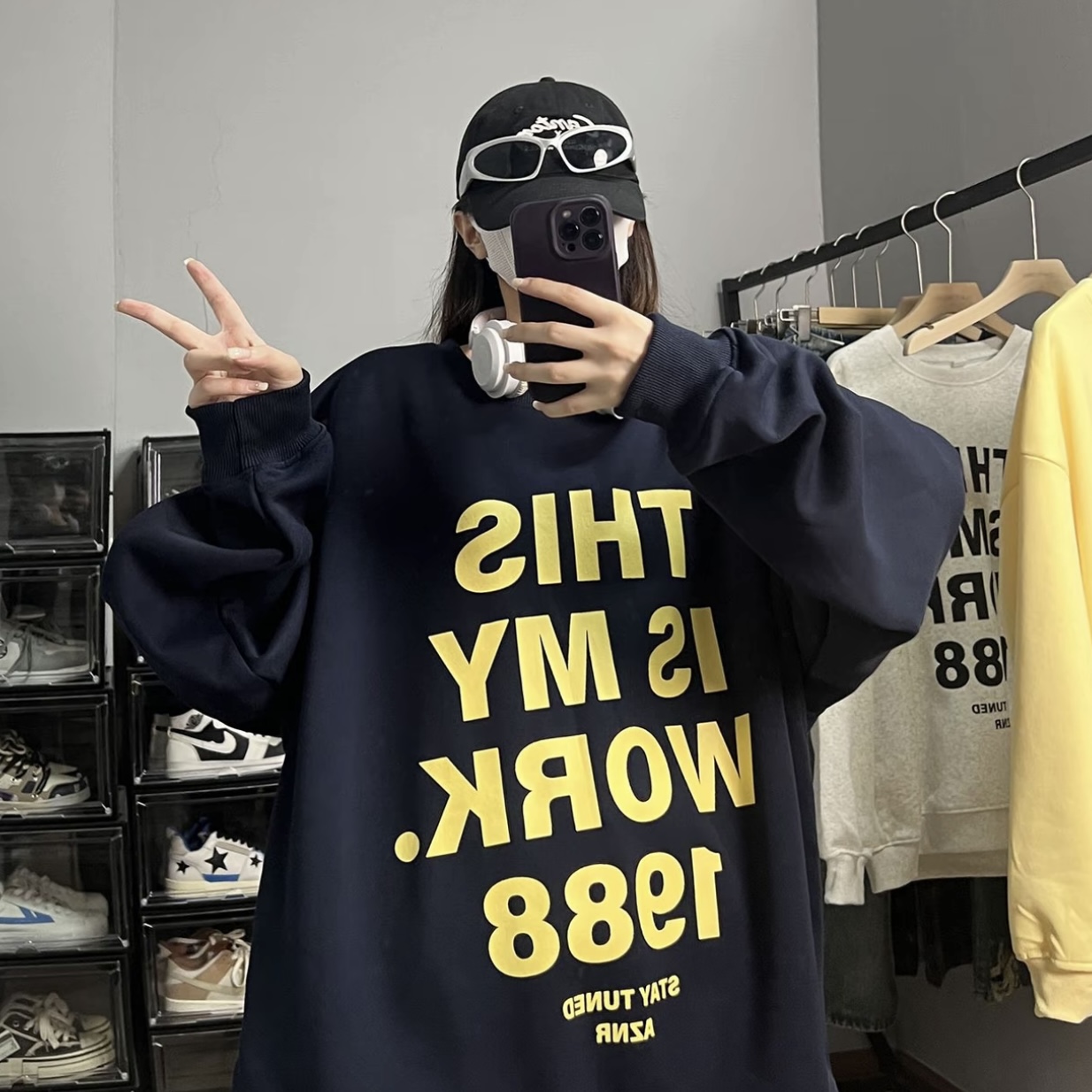 秋季美式潮牌字母印圆领卫衣男女同款复古宽松休闲上衣-637