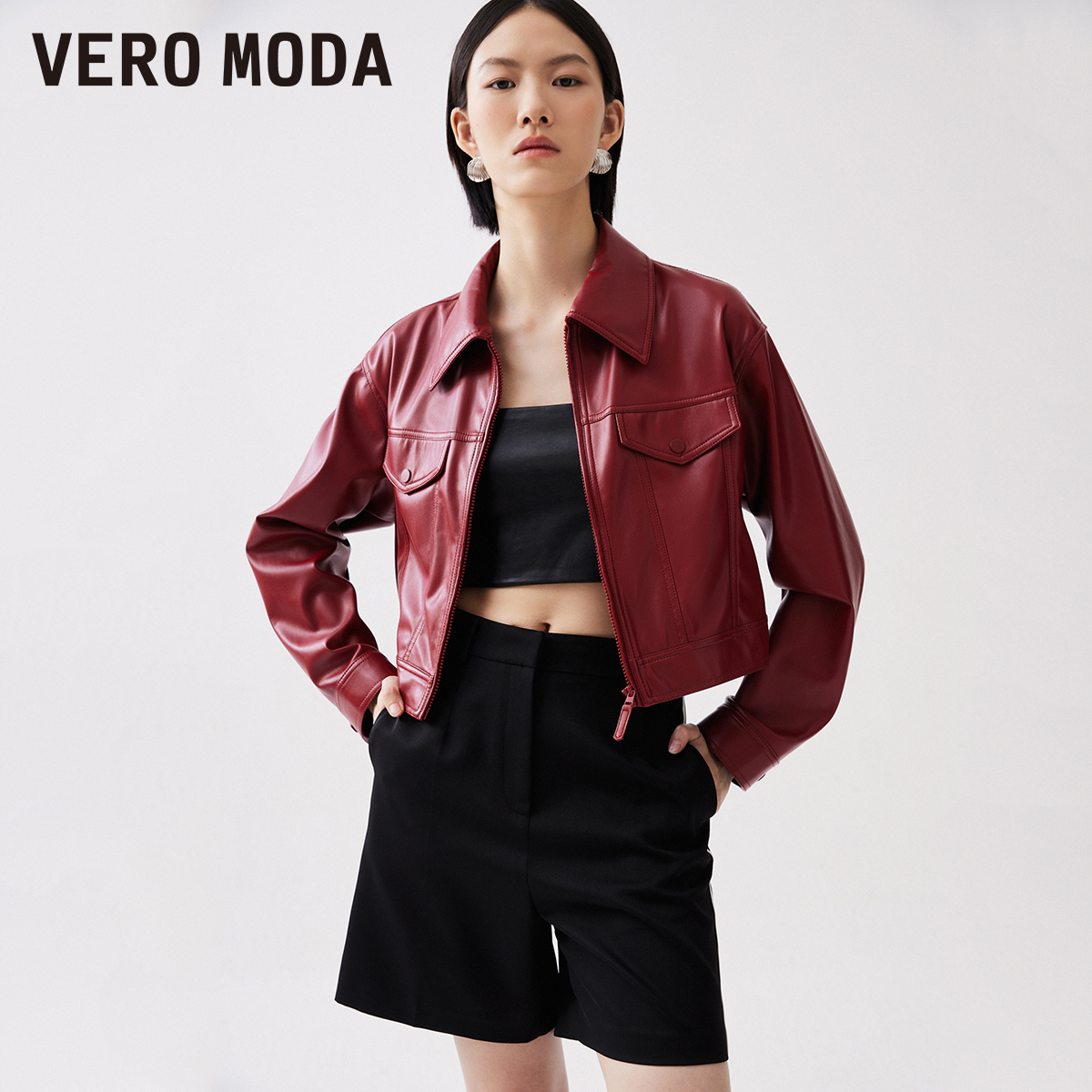 Vero Moda外套25新款PU短款长袖翻领纯色上衣百搭流光风325317022