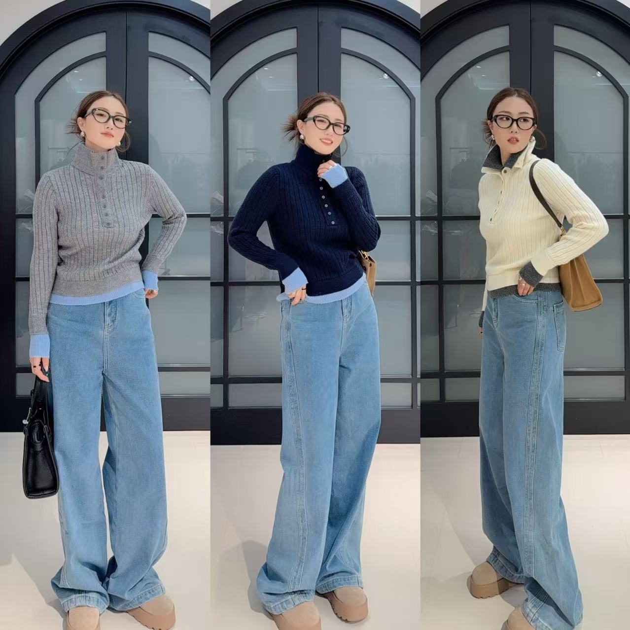 LIN-喃喃《高智通勤感》 撞色假两件纽扣双层高领修身显瘦针织衫