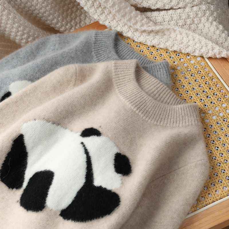 儿童秋冬新款加厚半高领羊毛衫男女童针织毛衣熊猫提花 绵羊绒衫