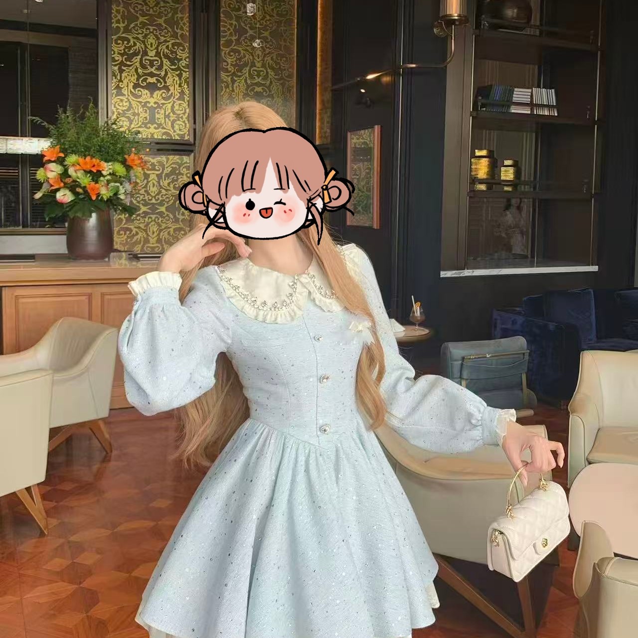 琳琳家小香风娃娃领亮片拼接长袖公主短裙连衣裙